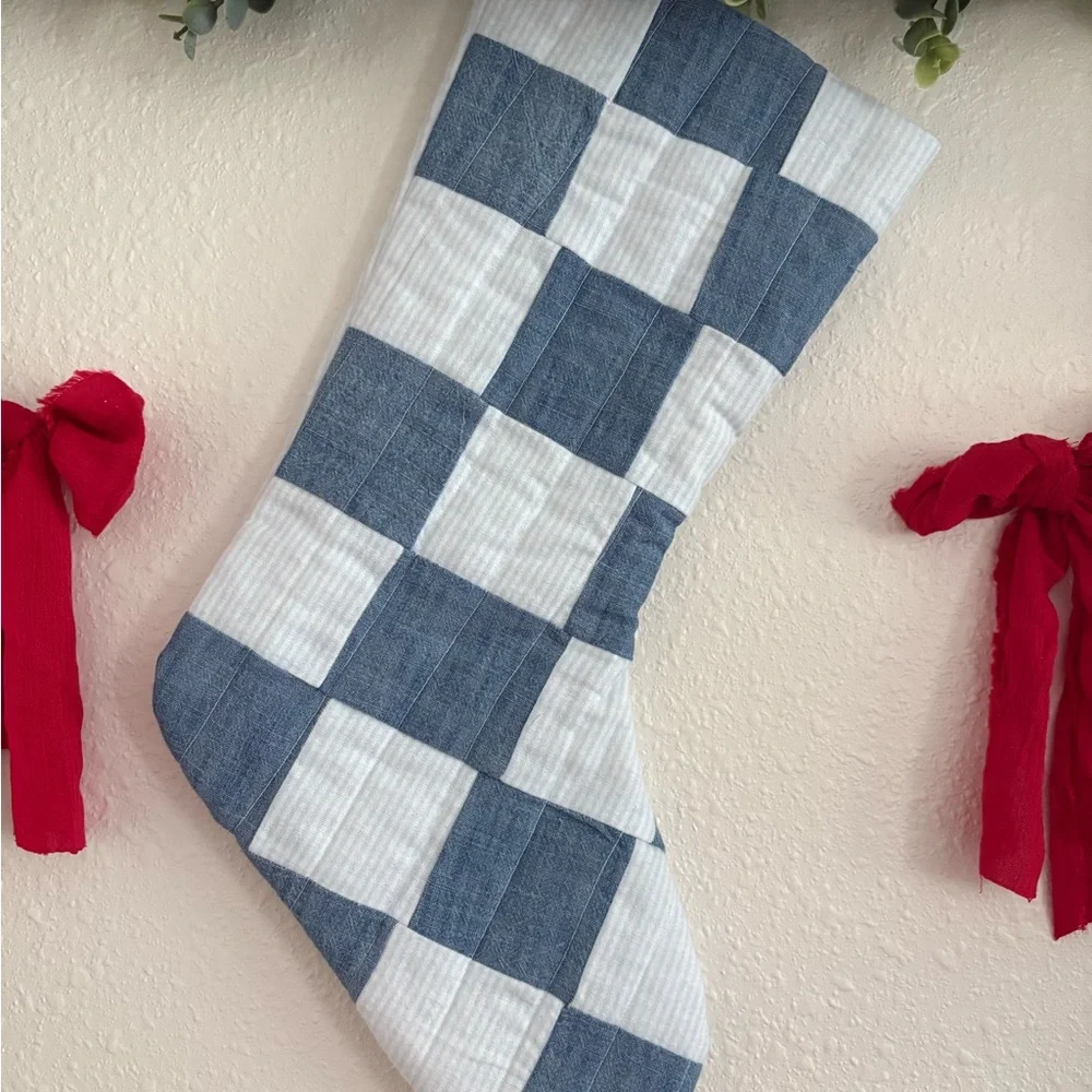 Blue and White Checkered Holiday Stocking